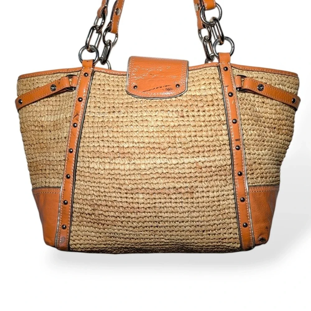 Coach Madison Straw Tote Flower Applique Natural & Orange Raffia Silver Studded